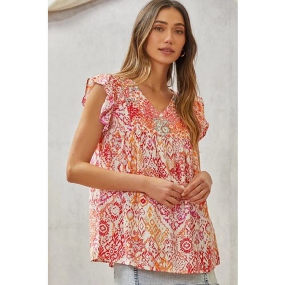 Savanna Jane Ruffle Short Cap Sleeve Embroidered Orange Pink Top Size Medium